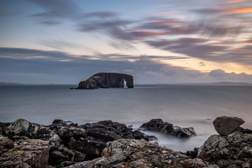 A long exposure of 'Dore Holm' (drinking horse island), near Stenness Beach in Shetland