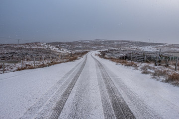 Snow falling on a rural road in winter
