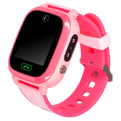 Smart watch for children in pink with a flat blank black screen for inscriptions, a call button, a...