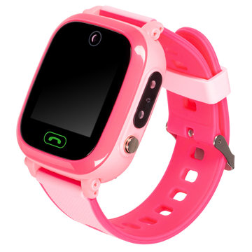 Smart Watch For Children In Pink With A Flat Blank Black Screen For Inscriptions, A Call Button, A Video Camera With A Silicone Strap Isolated On White Background. Three Quarter View