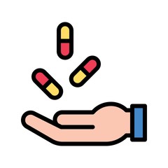 corona virus related medicine capsule or pills on hand vector with editable stroke,