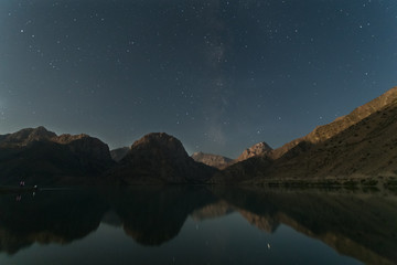 astrophotography of a night starry sky with a milky way over a lake