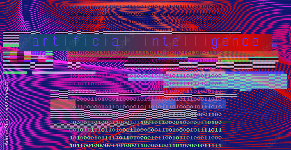 Fototapete Glitched screen with binary code. Concept illustration for Cryptography, Artificial Intelligence, Big Data technologies. 