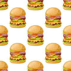 Burger with meat, cheese, sauce and vegetables.  Seamless pattern. Texture for fabric, wrapping, wallpaper. Decorative print.