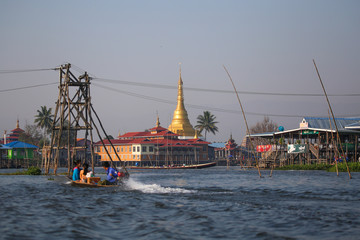The famous fishermen of Inle Lake, Myanma, working at sunrise