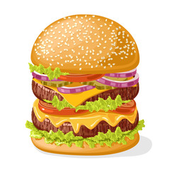 Burger with meat, cheese, sauce and vegetables