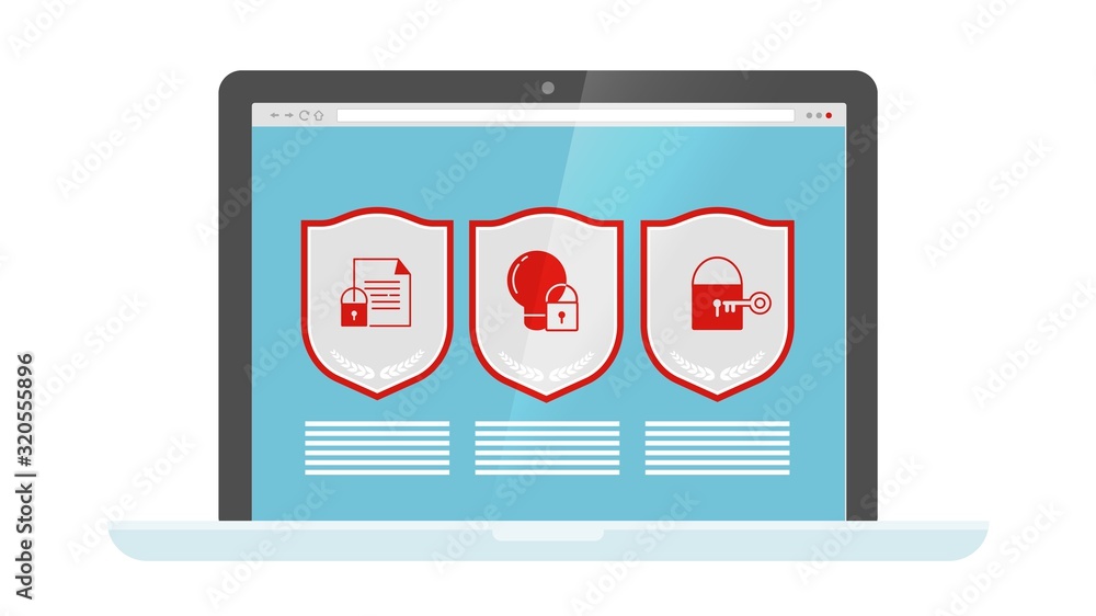 Aufkleber data protection. web security shields on laptop screen. vector computer - internet safety icons. ill