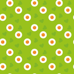 Cute cartoon seamless green eggs pattern. Spring Easter print fried eggs and hearts. Holidays concept. Can be used as texture, background. Stock vector illustration in flat style.