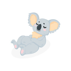Hand drawn vector illustration of a cute sleeping koala bear in c artoon style. Funny little koala bear lying on a back and sleep in childish style. Isolated on white background.