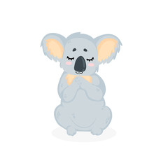 Hand drawn vector illustration of a cute praying koala bear in c artoon style. Funny little koala bear sitting and pray in childish style. Isolated on white background.