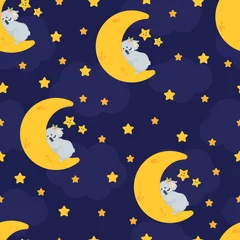 Tapeten Vektornahtloses Muster mit süßem Koalabär, der auf dem Mond im Cartoon-Stil auf dunkelblauem Hintergrund mit Sternen und Wolken schläft. Wiederholter Hintergrund mit Illustration eines lustigen schlafenden Koalas. © Juri Kam