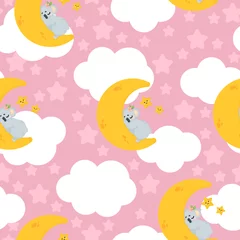 Tapeten Vektornahtloses Muster mit süßem Koalabär, der auf dem Mond im Cartoon-Stil auf rosafarbenem Hintergrund mit Sternen und Wolken schläft. Wiederholter Hintergrund mit Illustration eines lustigen schlafenden Koalas. © Juri Kam