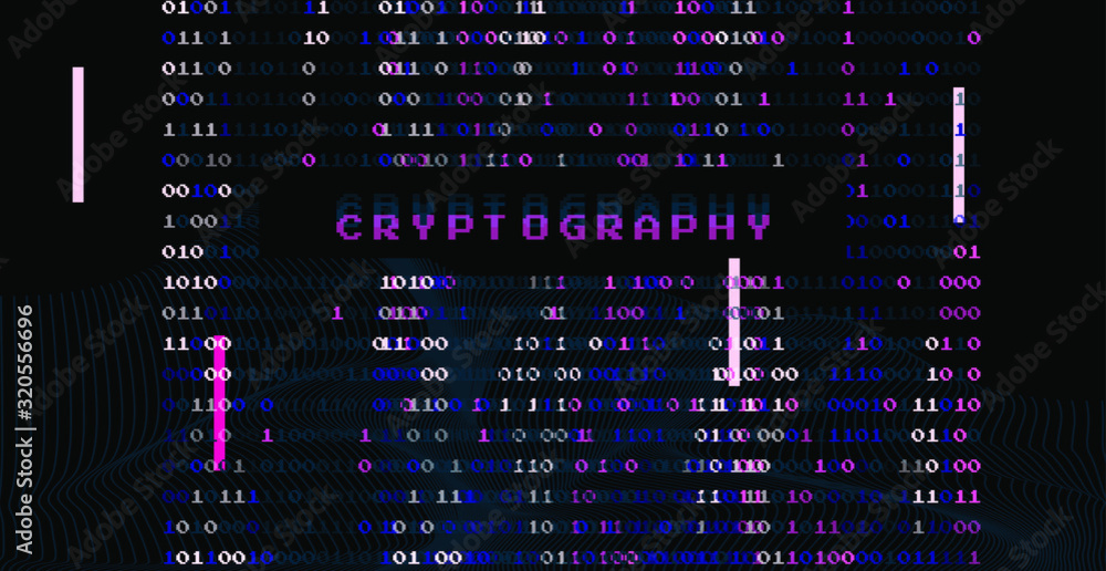 Poster Glitched screen with binary code. Concept illustration for Cryptography, Artificial Intelligence, Big Data technologies. 