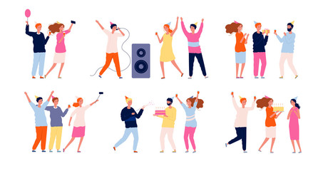 Fototapeta na wymiar Party people. Friends at birthday celebrating dancing playing and eating have a fun vector characters. Happy people man and woman, dancing group illustration