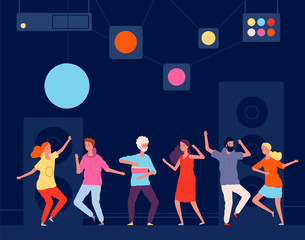Night club dancers. Young happy people fun at dance halls vector nightlife concept. Night dancer party, disco club music illustration