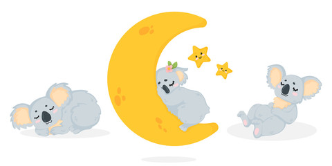 Hand drawn vector collection of illustration with a cute sleeping koala bear in cartoon style. Set of Funny little koala bear lying and sleep in childish style. Isolated on white background.