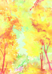 Fototapeta na wymiar Watercolor autumn trees of yellow, red, orange color. Autumn forest. Watercolor art background with capacitance for your lettering or text. Beautiful splash of paint. Abstract creative background.