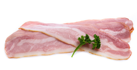 Fresh sliced bacon on white background