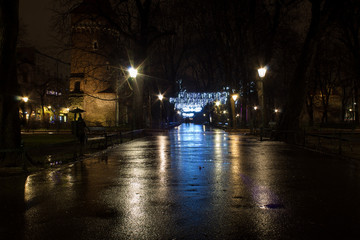 Fototapeta na wymiar Fantastic view of the night winter KRAKOW. Nightly European Christmas cityscapes.