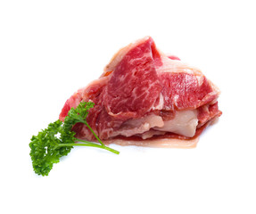 Fresh raw beef meat slices isolated over white background
