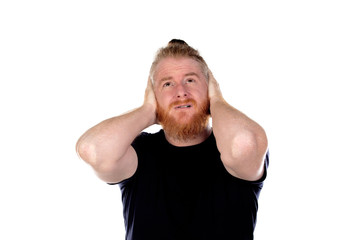 Red haired man with long beard covering his ears