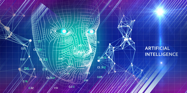 Abstract futuristic background with blue lines. AI concept. Robotic wireframe head concept.  Conceptual technology illustration of artificial intelligence. 3d illustration.