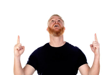 Red haired man with long beard looking up