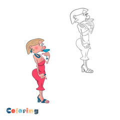 A cartoon woman in a red dress is standing and drinking alcohol from a glass. Vector illustration in the form of coloring and color example.