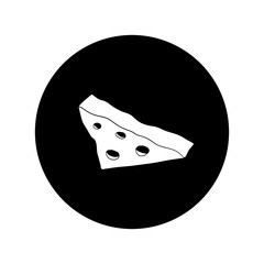 A piece of cheese. Vector illustration in the form of a round black and white icon for websites.