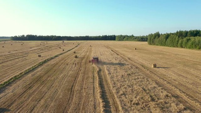 Agricultural Combine Machine Harvester Of Grain Crops On The Field Aerial View