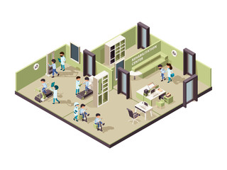 Rehabilitation clinic. Nurse helping patient professional person treatment physical exercise for disabled vector isometric interior. Medical hospital, doctor patient, physiotherapy illustration