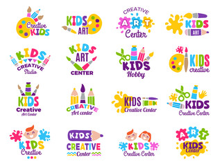 Creative kids logo. Craft and painting creativity class for children identity vector emblems collection. Children logo center, class label collection illustration