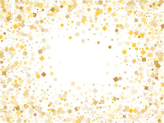 Minimal gold square confetti sparkles scatter on white. VIP Christmas vector sequins background. Gold foil confetti party particles pattern. Light dust pieces invitation backdrop.