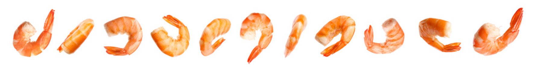 Set of delicious freshly cooked shrimps on white background. Banner design