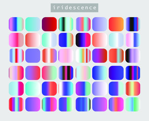 Set of iridescent gradient swatches for design. Mix of trend colors for 2020 year: opalescent and shiny palette.