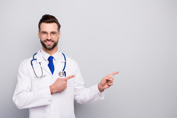 Close-up portrait of his he nice attractive confident cheerful cheery bearded guy pharmacy expert...