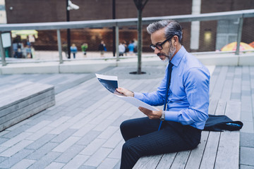 Adult businessman looking through papers while sitting on bench of city street