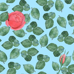 Seamless pattern of leaves and rose. Watercolor illustration. Hand-drawing 1