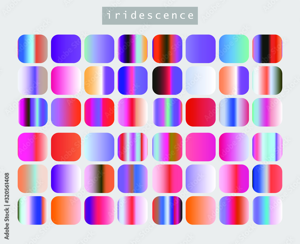 Poster set of iridescent gradient swatches for design. mix of trend colors for 2020 year: opalescent and sh