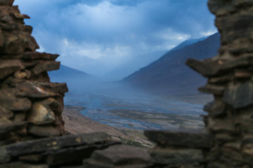 The valley of the Pyandzh River at dawn in the rays of the rising sun, on the border with Avganistan