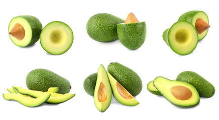 Set of delicious fresh avocados on white background