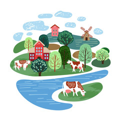 Agricultural illustration. Cows in the pasture. Silhouettes of cows, houses and trees.