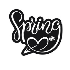 Vector illustration with white inscription Spring with black wide stroke, in hand writing style, lettering  with heart and arrow  spring holidays, printing on fabric or paper, and digital use