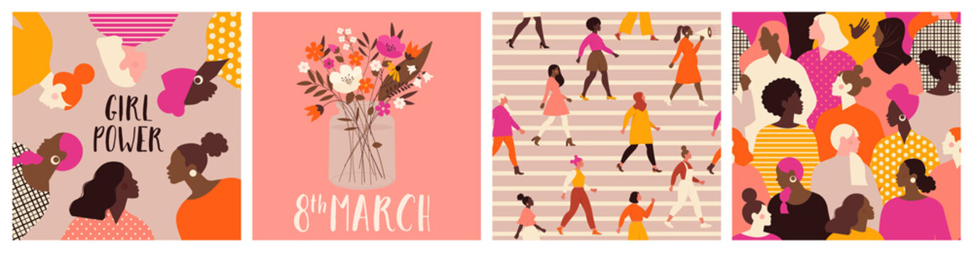 Collection of greeting card or postcard templates with flower bouquet in vase, floral wreath, feminism activists and Happy Womens Day wish. Modern festive vector illustration for 8 March celebration.