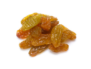 Organic gold dried Raisins isolated on white background