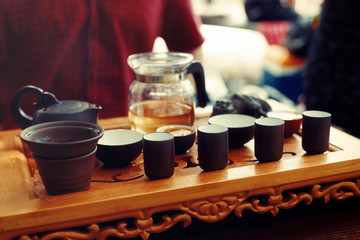 Tea set for tea ceremony. Tea ritual.