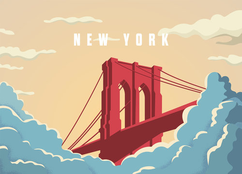Brooklyn bridge in New York in USA postcard vector template. Bridge in sunset with clouds or fog below.