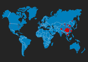 Fototapeta na wymiar Coronavirus at Wuhan China. The red map of china on world map with dots