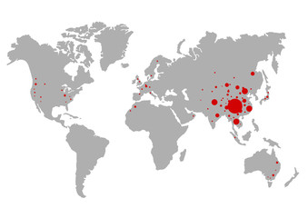 Coronavirus at Wuhan China. The red map of china on world map with dots