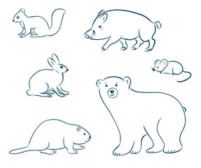Cartoon forest animals set. Bear, squirrel, hare, boar, beaver, mouse. Hand drawn doodle vector illustrations. Vector EPS 10 collection by hand